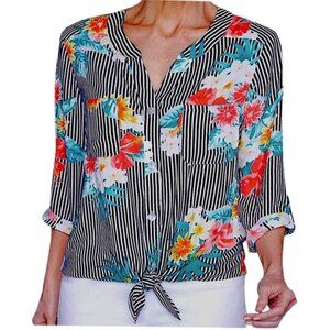 Ruby Rd Tie Up Top High Low 3/4 Sleeve Tropical Black White Stripe Petite Large